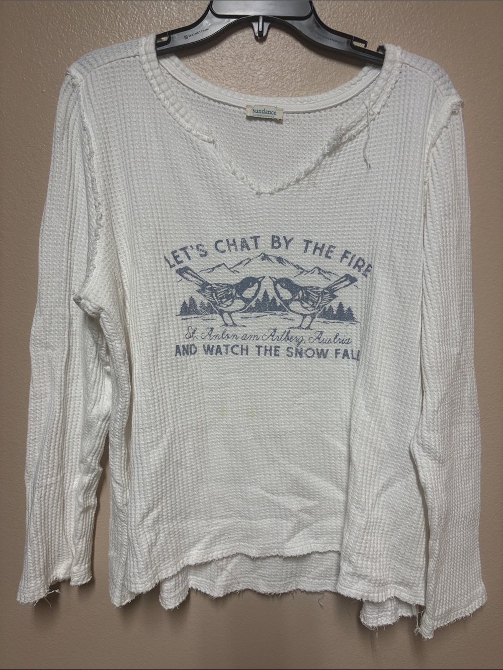 Sundance White Waffle Knit Crewneck Top with Blue Graphic